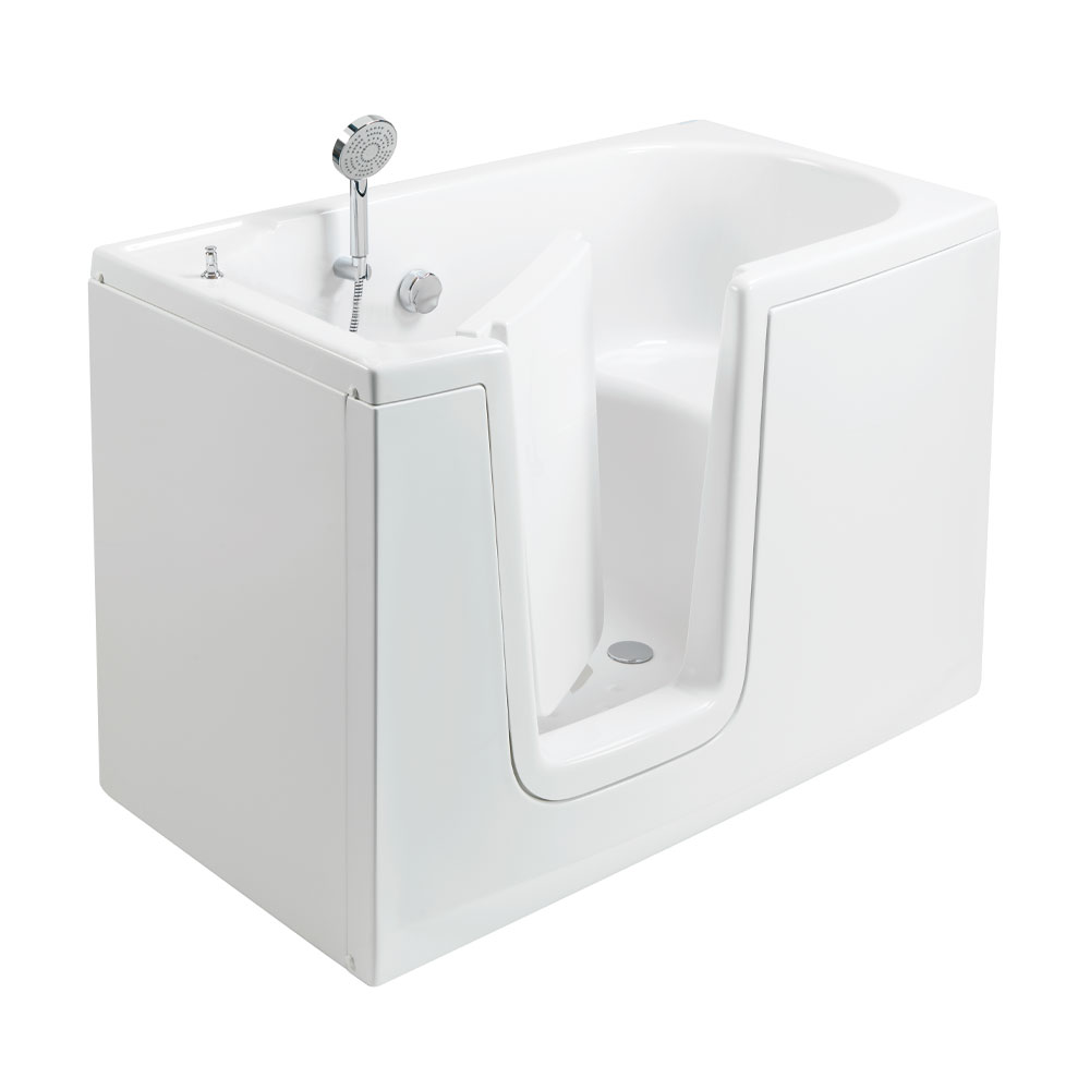 Bathtub with inward opening door, equipped with built-in drain