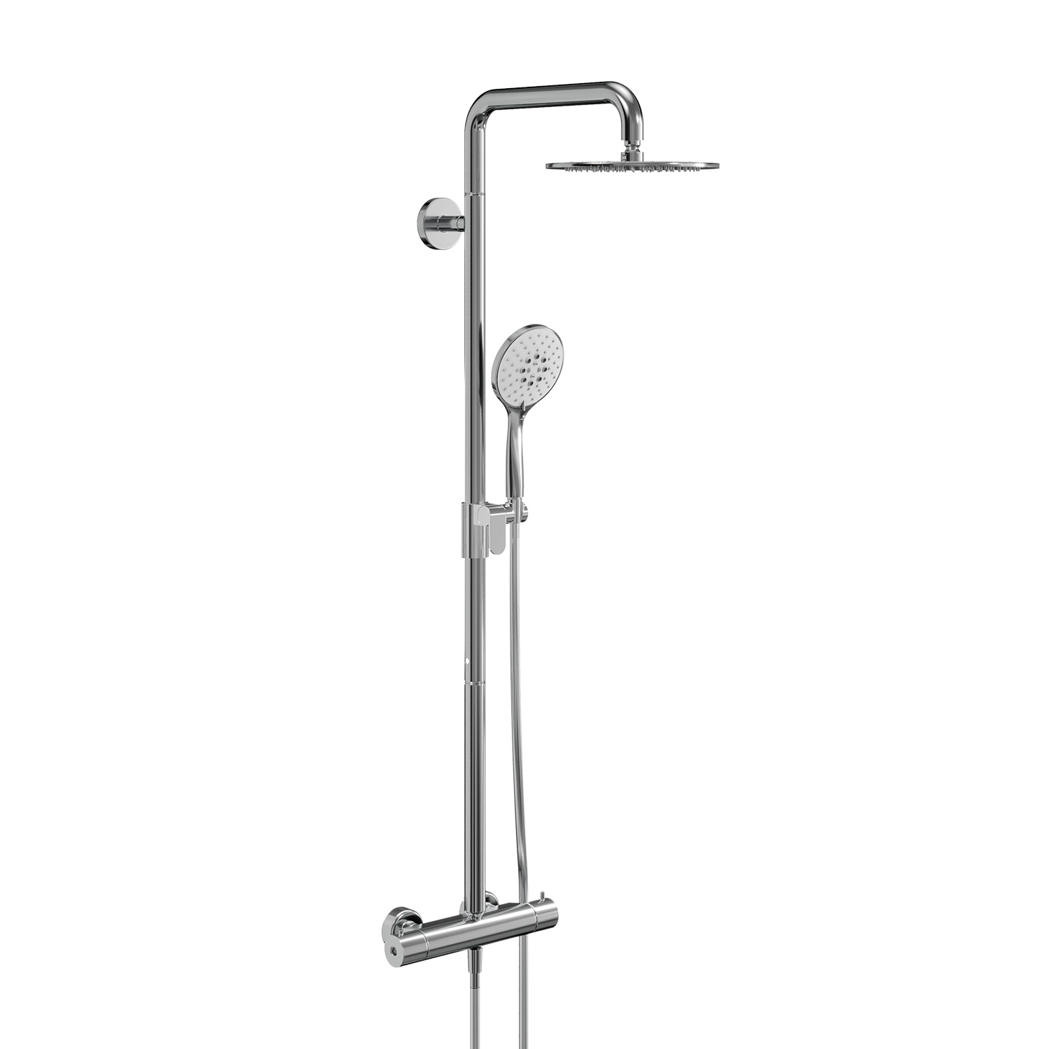 Colonna doccia sicura in acciaio inox, munita di soffione in acciaio inox. Completa di miscelatore termostatico.