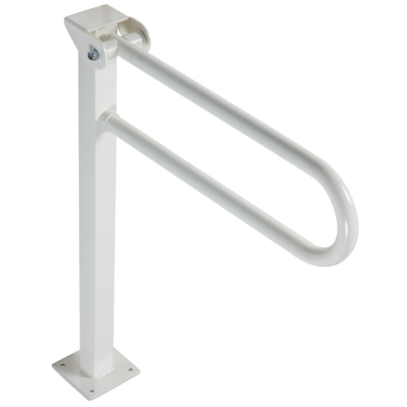 Folding grab bar on pole for floor mounting