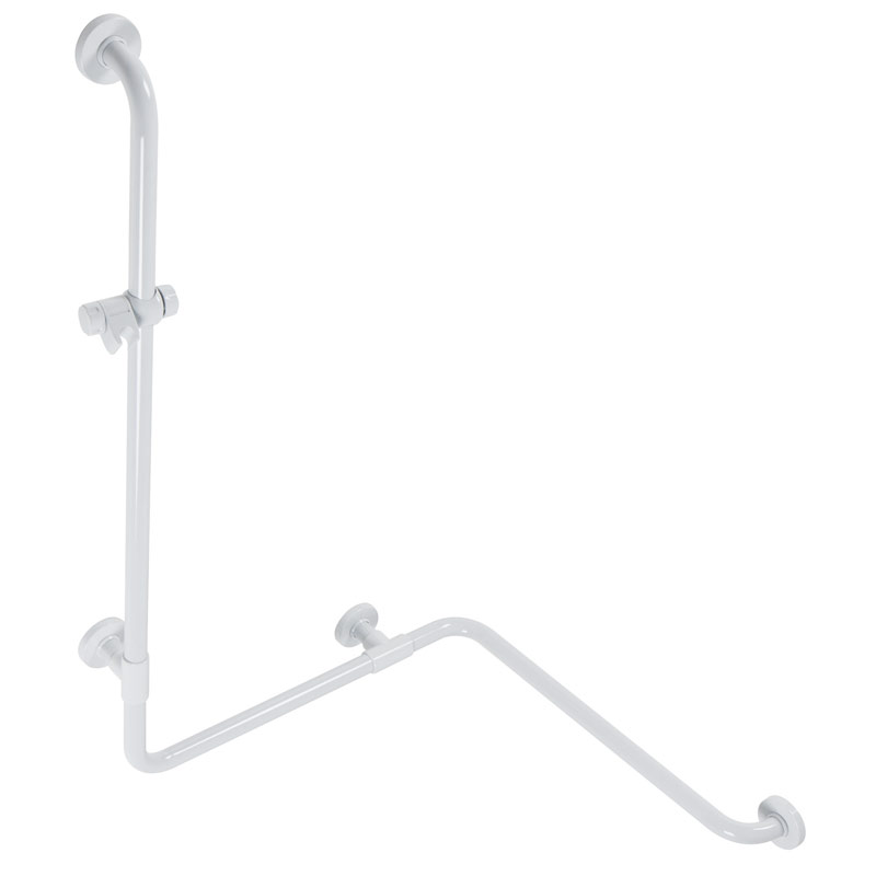 Corner safety grab bar with vertical support and hand-shower holder
