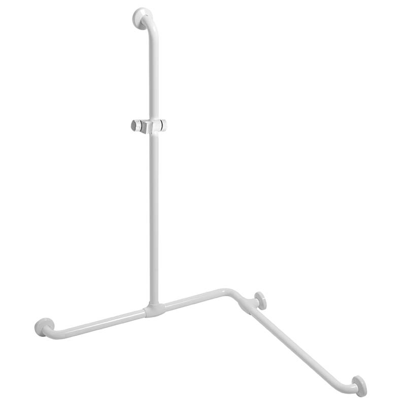 Corner safety grab bar with vertical support and hand-shower holder