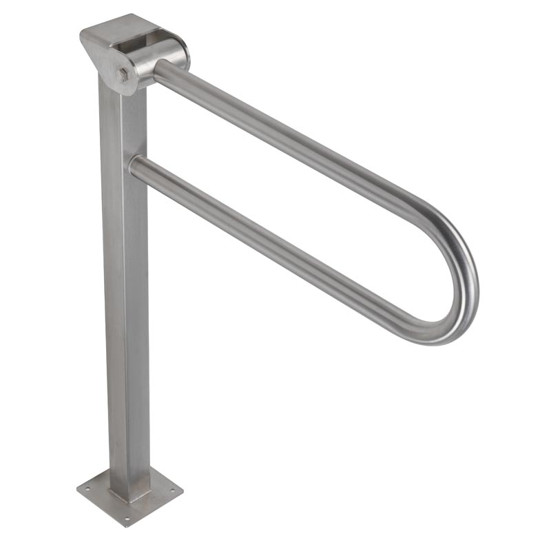 Folding grab bar on pole for floor mounting