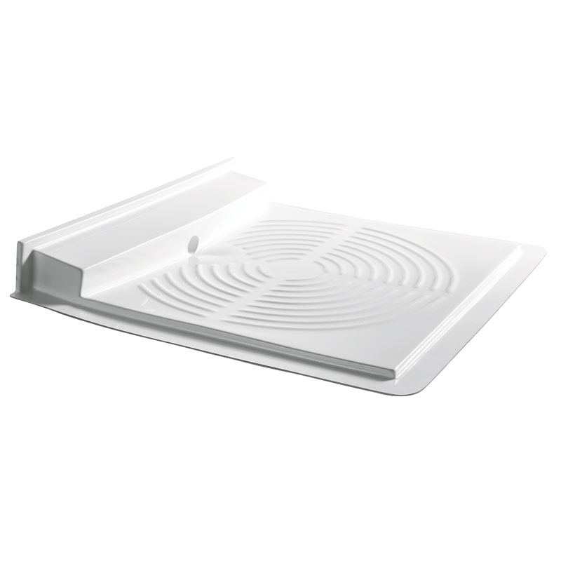 Level-access shower tray with horizontal drain