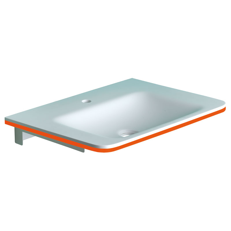 Mini console with rectangular shaped basin, coloured bottom edge, equipped with fixing frame.