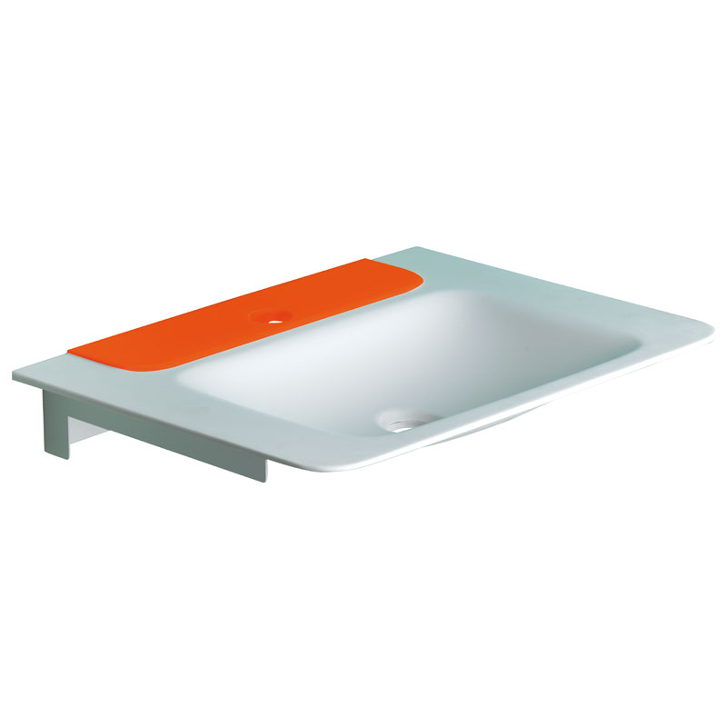 Mini console with rectangular shaped basin, coloured insert, equipped with brackets