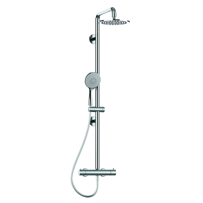 Colonna doccia sicura in acciaio inox, munita di soffione in acciaio inox. Completa di miscelatore termostatico.