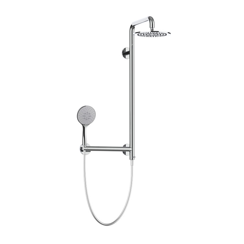 Safe shower column with hand shower and safety side bar. Shower head in stainless steel