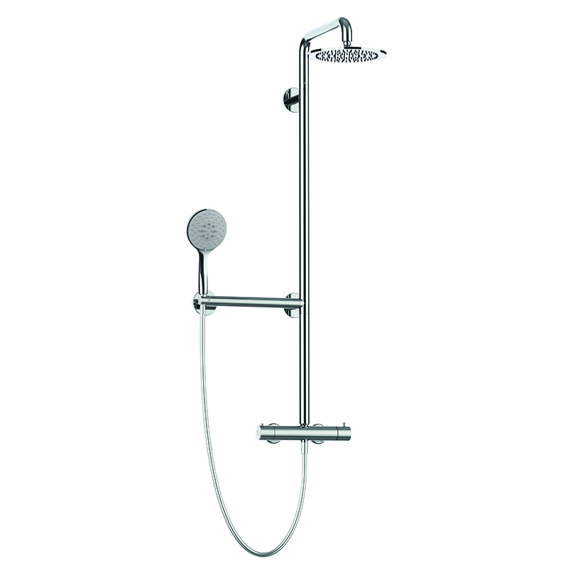 Safe shower column with hand shower. Equipped with thermostatic mixer and safety side bar. Shower head in stainless steel