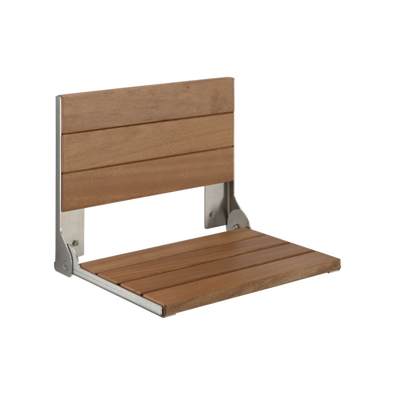 Folding shower seat with backrest and seat in wooden slats