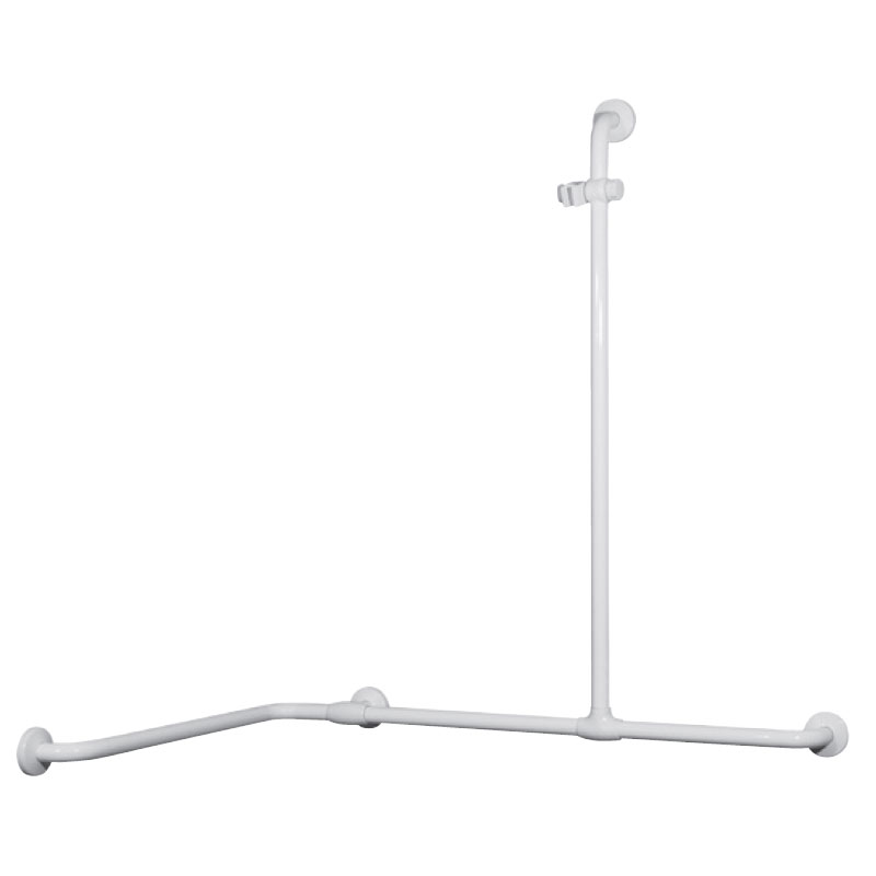 Corner safety grab bar with vertical support and hand-shower holder