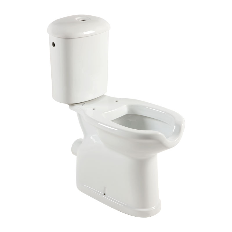 Floor mounted monobloc WC with front opening. Wall drain