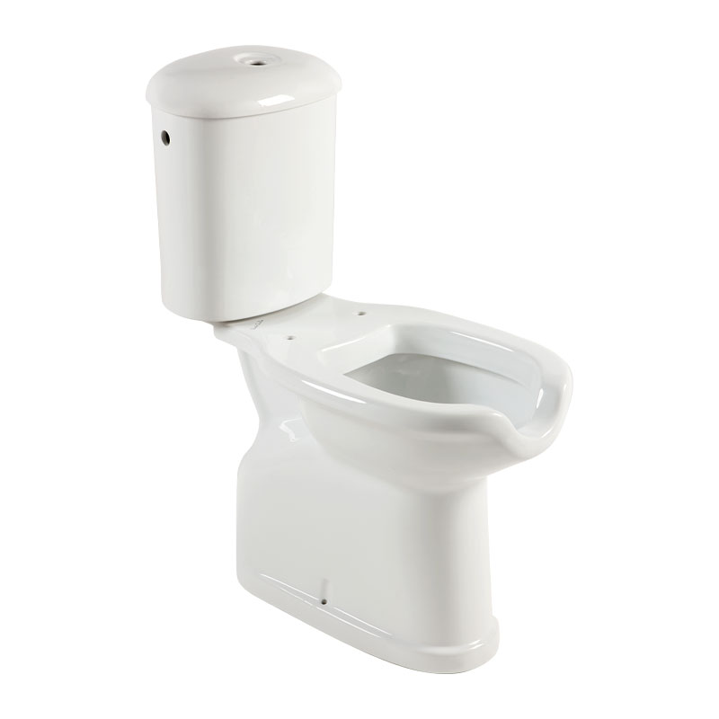 Floor mounted monobloc WC with front opening. Floor drain