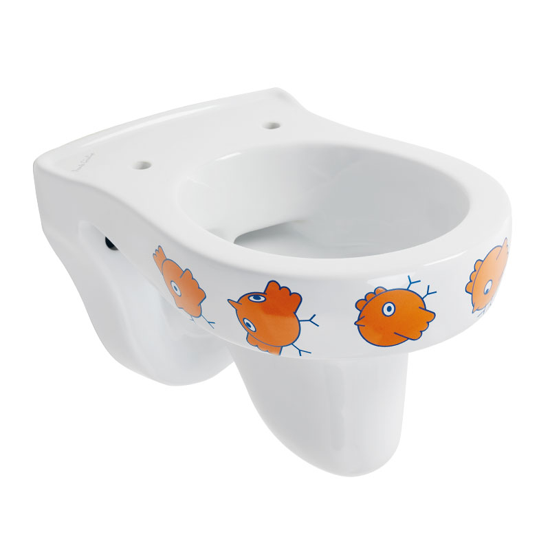 Wall-mounted, rimless toilet for kids with decoration
