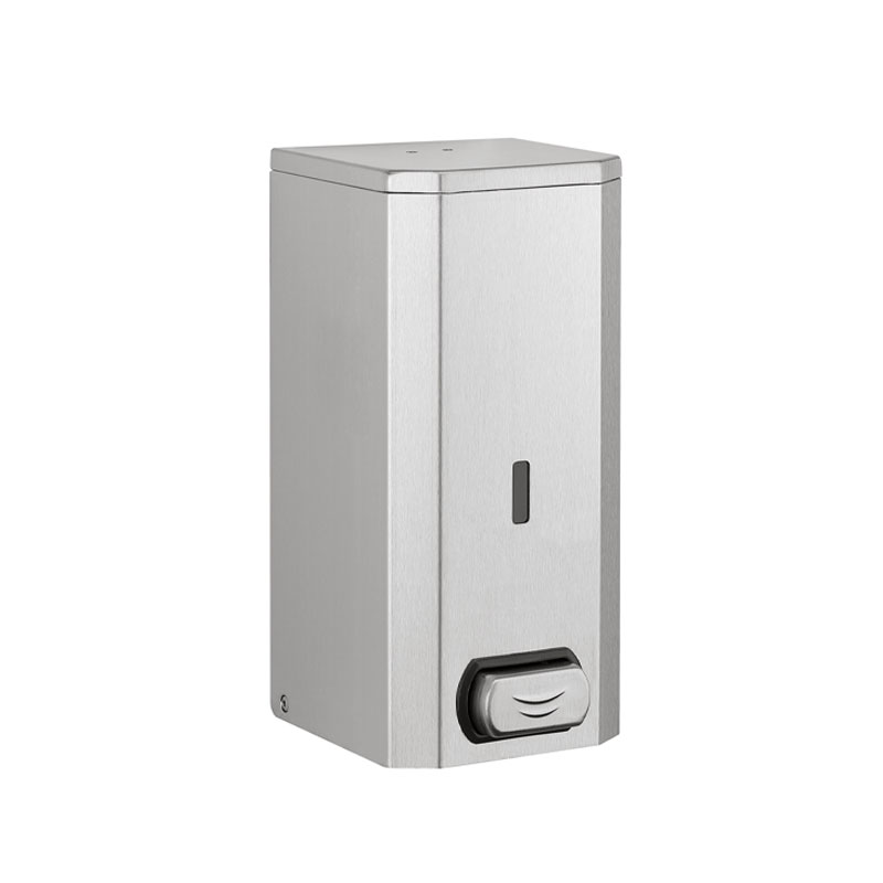 Manually operated soap or sanitiser gel dispenser.