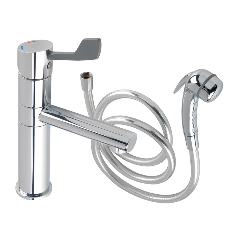 Single-control mixer with elongated body, equipped with swivel spout and external shower head