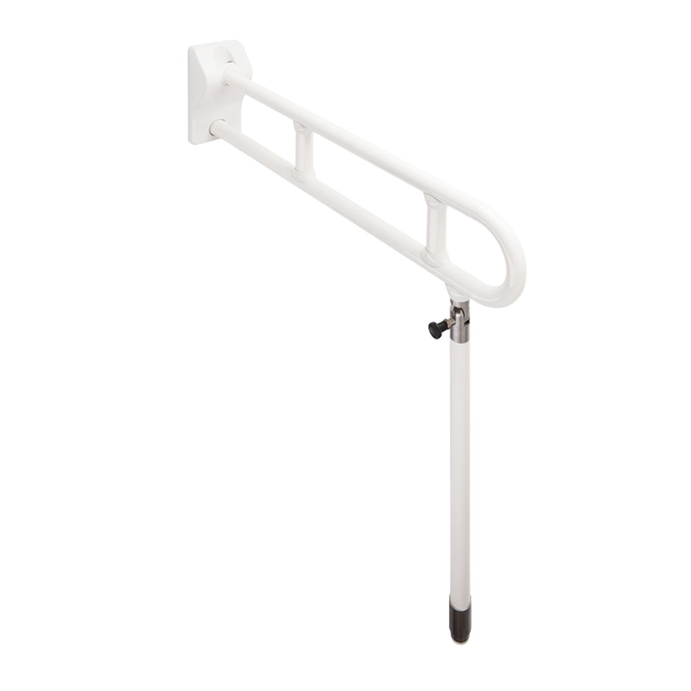 Folding grab bar with floor-standing support and position lock.