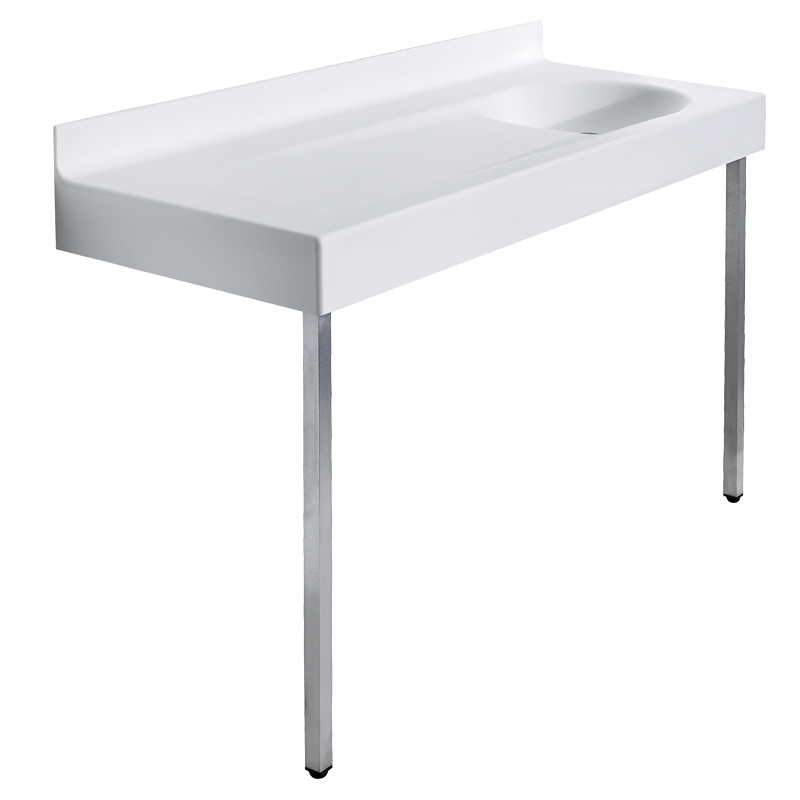 Changing table with integrated basin, equipped with legs and shelves.
