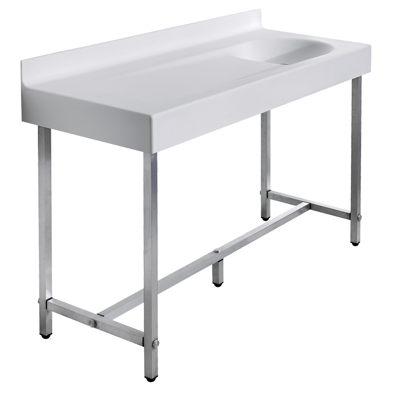 Changing table with integrated basin, equipped with self-supporting structure.