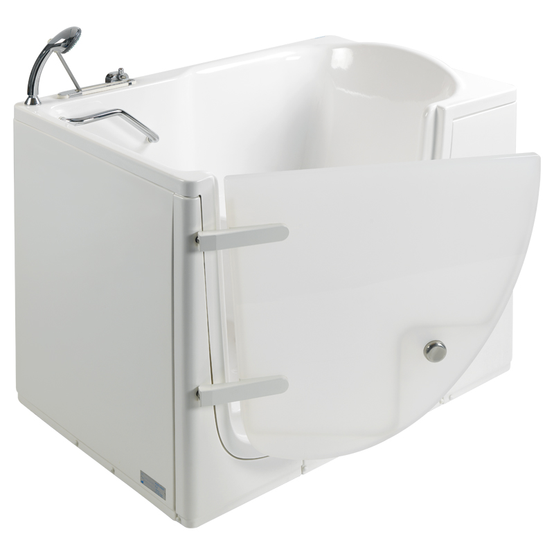 Bathtub with outward opening door, with door opening lever on the bathtub body