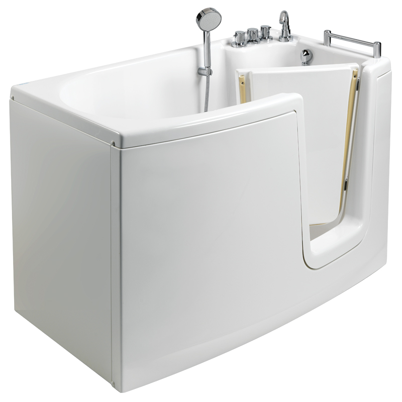 Bathtub with inward opening door, equipped with grab bar